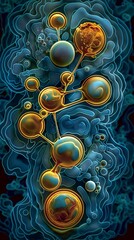 Wall Mural - A digital illustration of a network of connected spheres in blue and gold tones