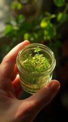 Closeup of a hand holding a glass jar with a small plant growing inside