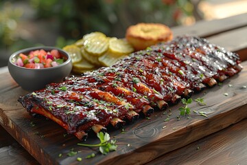 A close-up shot of succulent barbecue ribs arranged on a wooden chopping board with a side of pickles and cornbread.