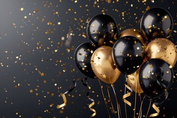 Holiday card with black, golden and silver balloons with confetti on black background, ,realistic festive banner with balloons, falling confetti, bokeh blurry background, AI 