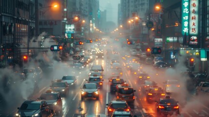 Wall Mural - High-detail photo of a busy city street during rush hour, with visible air pollution