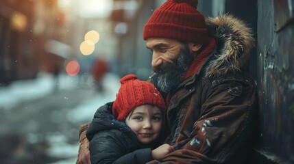 Sticker - a child sitting with a homeless parent in a city alley