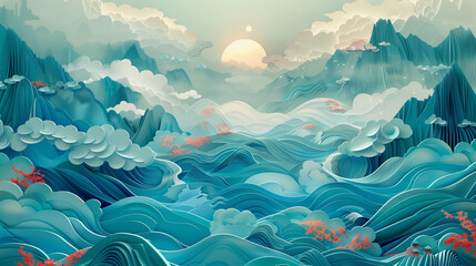 3d cyan landscape painting, layered	
