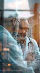 Wall Mural - A doctor is standing in front of a window, looking at a reflection of himself