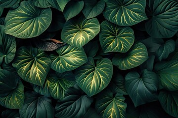 Poster - A close-up of lush green tropical leaves with detailed veins. Vibrant, natural foliage creating a serene and fresh atmosphere.