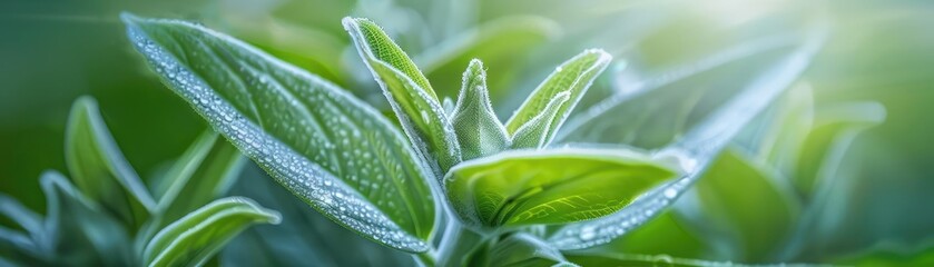 Poster - Close-up of fresh, dewy green leaves with sunlight. Nature, plant, foliage, morning light, vibrant, macro photography.