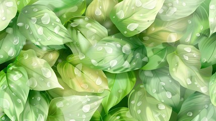 Poster - Vibrant watercolor painting of green leaves with dew drops, portraying freshness and nature's beauty in a detailed, artistic design.