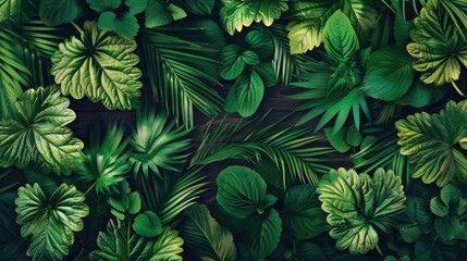 Wall Mural - Lush green tropical leaves creating a natural vibrant background, perfect for nature-inspired designs and creative projects.