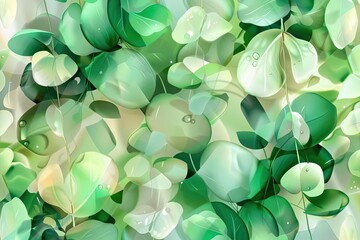 Poster - Abstract foliage art with vibrant green leaves and dew drops, creating a soothing and natural aesthetic for backgrounds and designs.