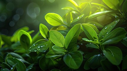 Aufkleber - Close-up of vibrant green leaves with fresh dewdrops, bathed in natural sunlight, creating a peaceful nature-inspired scene.