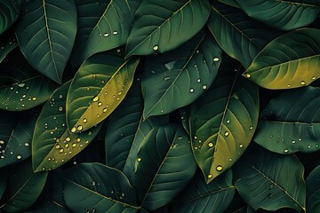 Aufkleber - Close-up shot of lush, green leaves with water droplets, showcasing nature's beauty and freshness. Perfect for backgrounds and nature themes.