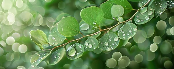 Poster - Close-up of green leaves with water droplets, fresh and vibrant nature background, showcasing the beauty of natural elements in lush greenery.
