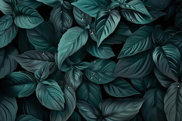 Poster - A lush close-up of green leaves with water droplets, showcasing natural beauty and freshness in a detailed, vivid composition.