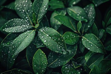 Wall Mural - Close-up of fresh green leaves with water droplets, showcasing the beauty of nature and purity after rainfall, suitable for backgrounds or wallpapers.