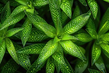 Poster - Close-up of lush green succulent leaves with white speckles, creating a striking and vibrant natural pattern in the foliage.