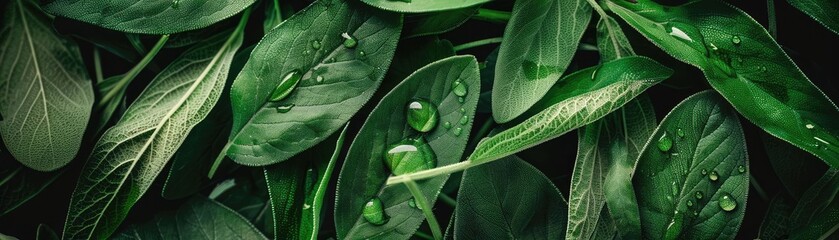 Poster - Fresh green leaves with water droplets, offering a vibrant and refreshing nature background. Perfect for organic and natural-themed designs.