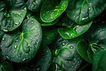 Poster - Close-up of lush green leaves with water droplets, showcasing the beauty and freshness of nature in a vibrant and detailed image.