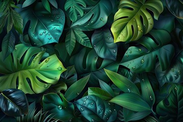 Aufkleber - Lush green tropical leaves with water droplets in a dense forest setting, creating a vibrant and refreshing natural background.