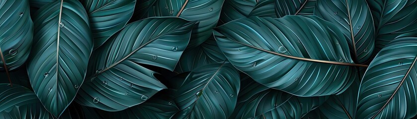Poster - A captivating close-up of lush green tropical leaves showcasing the natural beauty and intricate patterns of foliage. Perfect for nature and botanical designs.