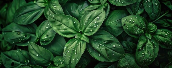 Wall Mural - Close-up of fresh basil leaves covered in water droplets, showcasing their vibrant green color and lush texture in a natural setting.