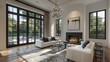 © Benyafez Studio - Beautiful living room interior with hardwood floors and fireplace in new luxury home