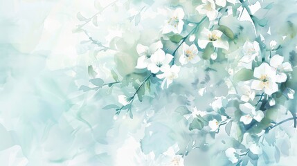 Sticker - Many small white jasmine flowers,A delicate watercolor, traditional Chinese landscape painting illustration with high resolution, fine details on a light blue background and soft edges 