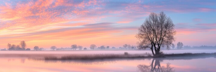 Poster - Sunrise with gentle clouds and warm delicate flowers