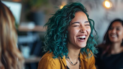 Happy candid female employee with teal hair laughing with colleagues in relaxed office team building induction meeting Inclusion  diversity in positive workplace Celebrating differences