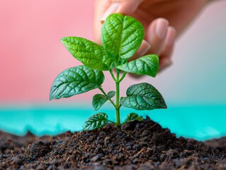 A hand plants a seedling in rich soil, symbolizing growth and sustainability, against a colorful background with copy space.