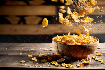 corn flakes on wooden table