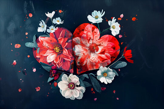 Two hearts made of glass flowers, illustration on the theme of love and relationships, Valentine`s day