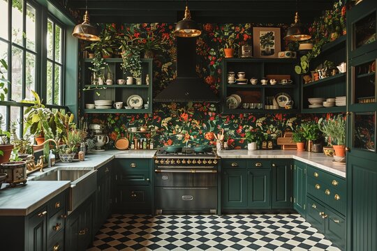 Stylish kitchen with dark green cabinets, floral wallpaper, and ample natural light, creating a cozy, inviting atmosphere with a touch of elegance.