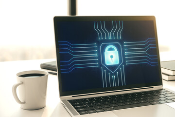Poster - Modern computer monitor with creative lock hologram and chip. Information security concept. 3D Rendering