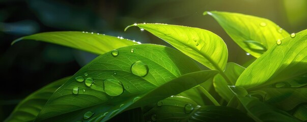 Aufkleber - Close-up of vibrant green leaves with water droplets under sunlight, highlighting nature's beauty and serenity in a peaceful environment.