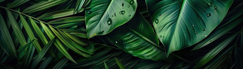 Aufkleber - Lush green tropical leaves with water droplets, creating a serene and natural background perfect for various design projects and presentations.