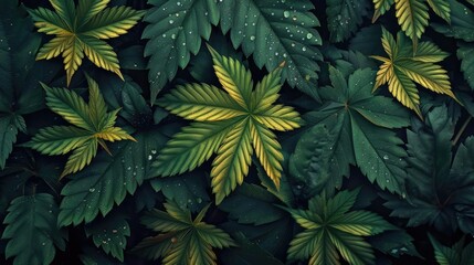 Aufkleber - Vibrant green and yellow leaves with dewdrops, creating a striking contrast against the dark background in this captivating nature photograph.