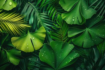 Fototapete - Lush, vibrant tropical leaves with water droplets, providing a fresh and natural background, perfect for eco-themed designs.