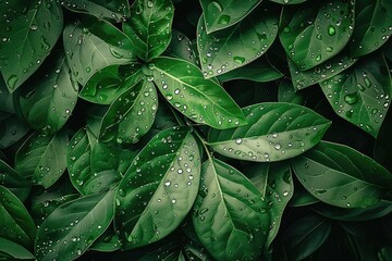 Fototapete - Close-up of fresh green leaves with water droplets, providing a serene and natural atmosphere perfect for backgrounds and wallpapers.