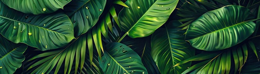 Fototapete - Lush green tropical leaves background with raindrops, ideal for nature-themed designs, backgrounds, and wallpapers.