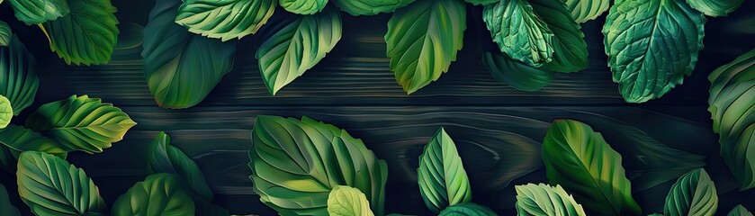 Poster - Green leaves on a dark wooden background, vibrant foliage creating a nature-themed border. Lush greenery for eco design projects and backgrounds.