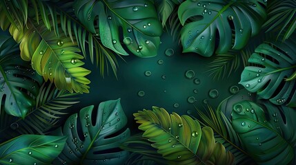 Fototapete - Tropical green leaves with water droplets frame a dark background, creating a lush and serene rainforest atmosphere for nature-inspired designs.