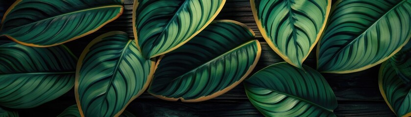 Poster - Close-up of vibrant green leaves arranged beautifully, showcasing intricate patterns and textures for a fresh, nature-inspired backdrop.
