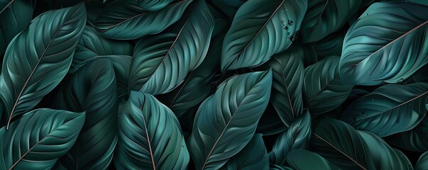 Poster - A captivating photo of dark green tropical leaves, showcasing nature's intricate patterns and rich colors, perfect for backgrounds or nature themes.