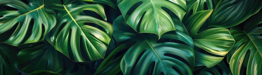 Poster - Lush green tropical monstera leaves creating a vibrant and natural jungle vibe. Perfect nature background for designs and presentations.