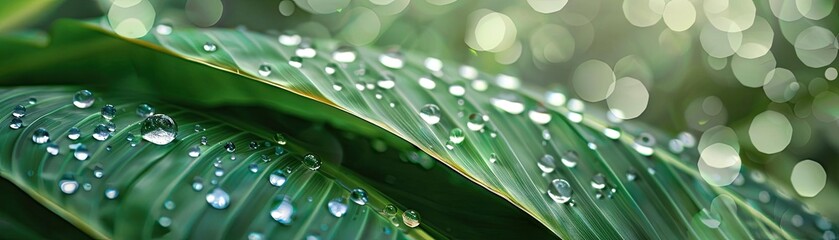 Fototapete - Close-up shot of green leaves covered in fresh water droplets, capturing the natural essence and serenity of a lush, vibrant environment.