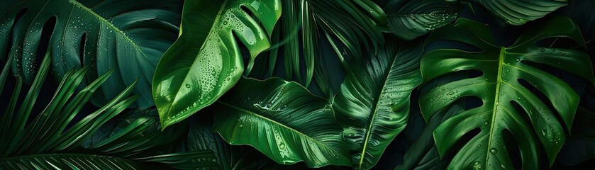 Aufkleber - Lush green tropical leaves with vibrant textures creating an exotic jungle background, perfect for nature and botanical themes.