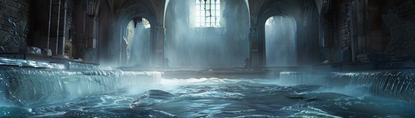 Wall Mural - 3D render of a baptism scene with ethereal water effects, dramatic moody lighting, detailed textures, cinematic composition