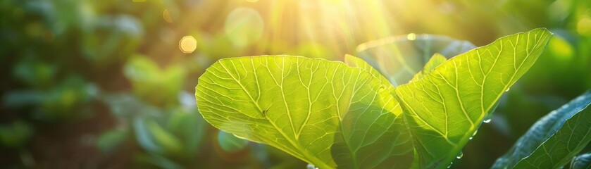 Poster - Close-up of vibrant green leaves basking in sunlight, showcasing the beauty of nature and lush vegetation in a serene garden.