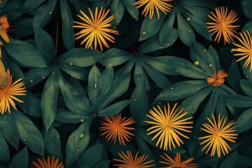 Wall Mural - Top view of vibrant orange flowers amid dark green leaves, creating a striking contrast. Perfect for nature and botanical designs.