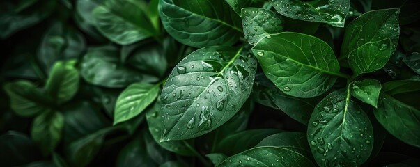 Aufkleber - Vibrant green leaves covered in water droplets. Captured close-up highlighting details and texture, perfect for nature and botanical themes.